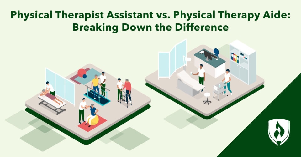 illustration of a physical therapy assistant helping a patient with exercises and an aide cleaning a therapy room