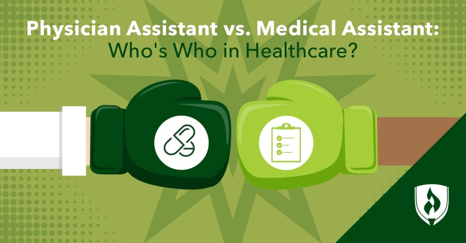 illustration of boxing gloves with icons representing physician assistant vs medical assistant