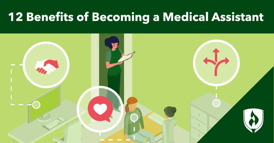 illustration of a medical assistant in a clinic with a patient and provider with icons representing benefits of becoming a medical assistant