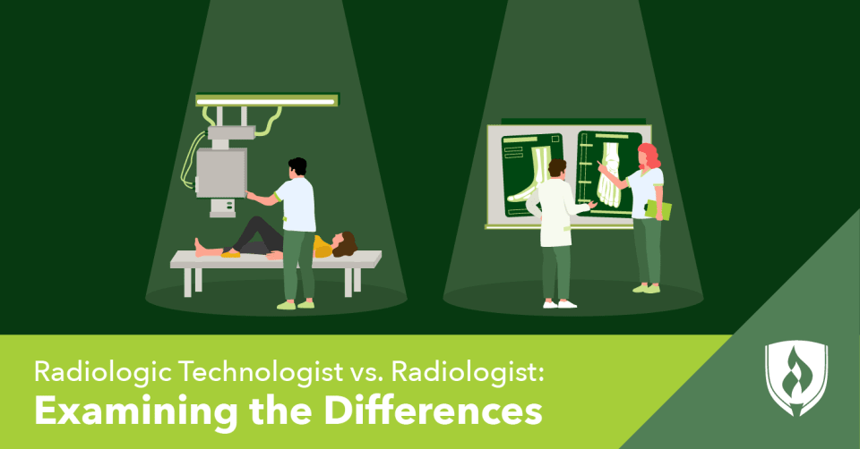 illustration of a radiologist performing an exam and radiologist on the other side interpreting the scan representing radiologic tech and radiologist