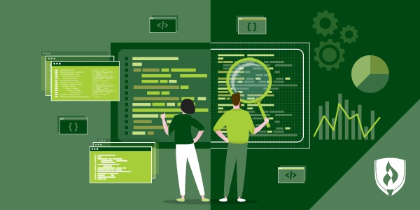 illustration with two panels with different symbols and different professionals representing  software developer vs software engineer