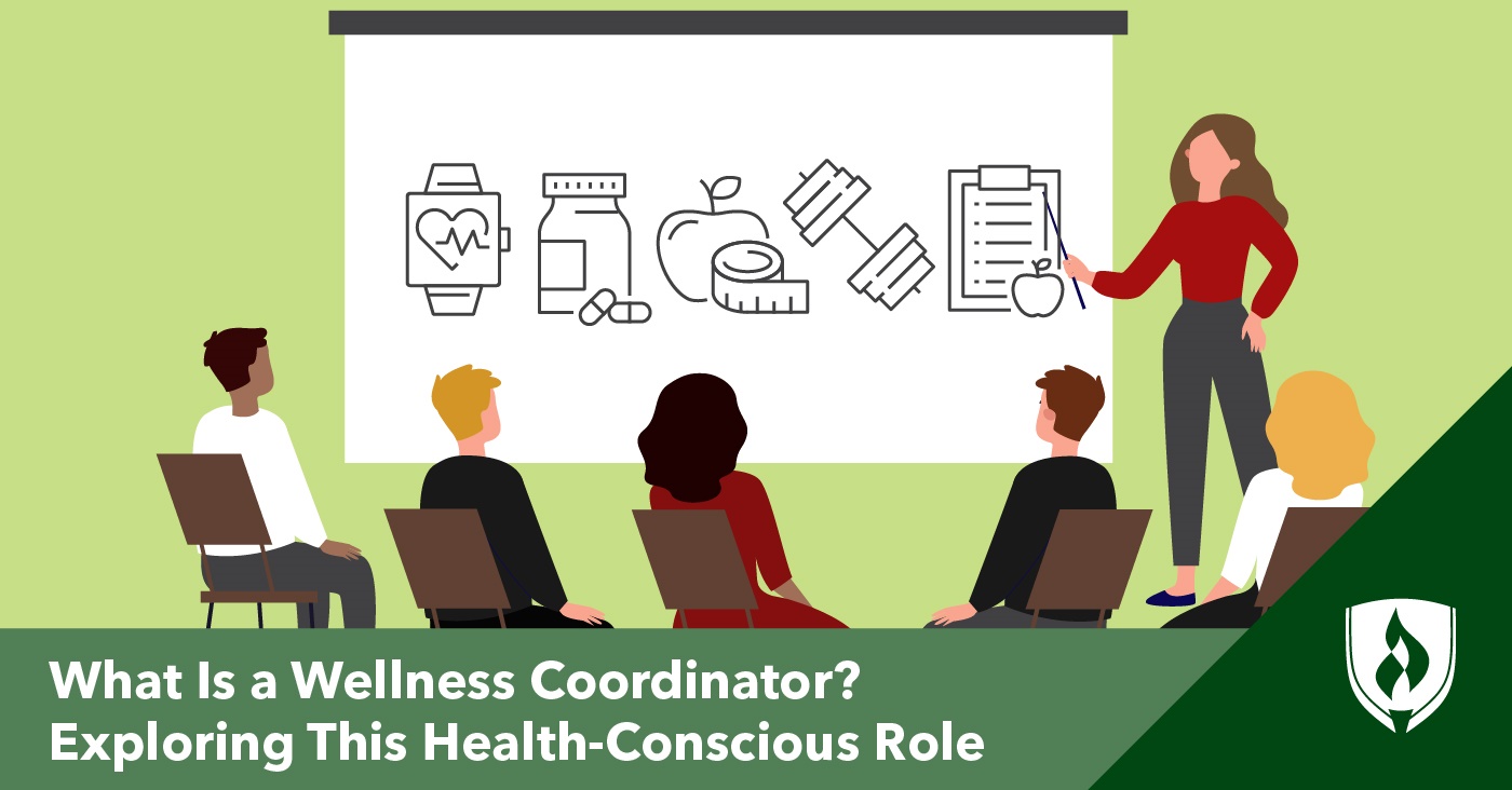 illustration of a wellness coordinator teaching a room of students representing what is a wellness coordinator