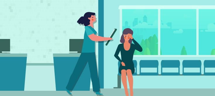Illustration of medical assistant walking through a clinic.