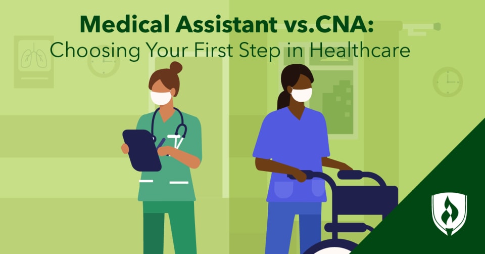 illustration of a medical assistant holding a tablet and a cna with a wheelchair representing cna vs medical assistant