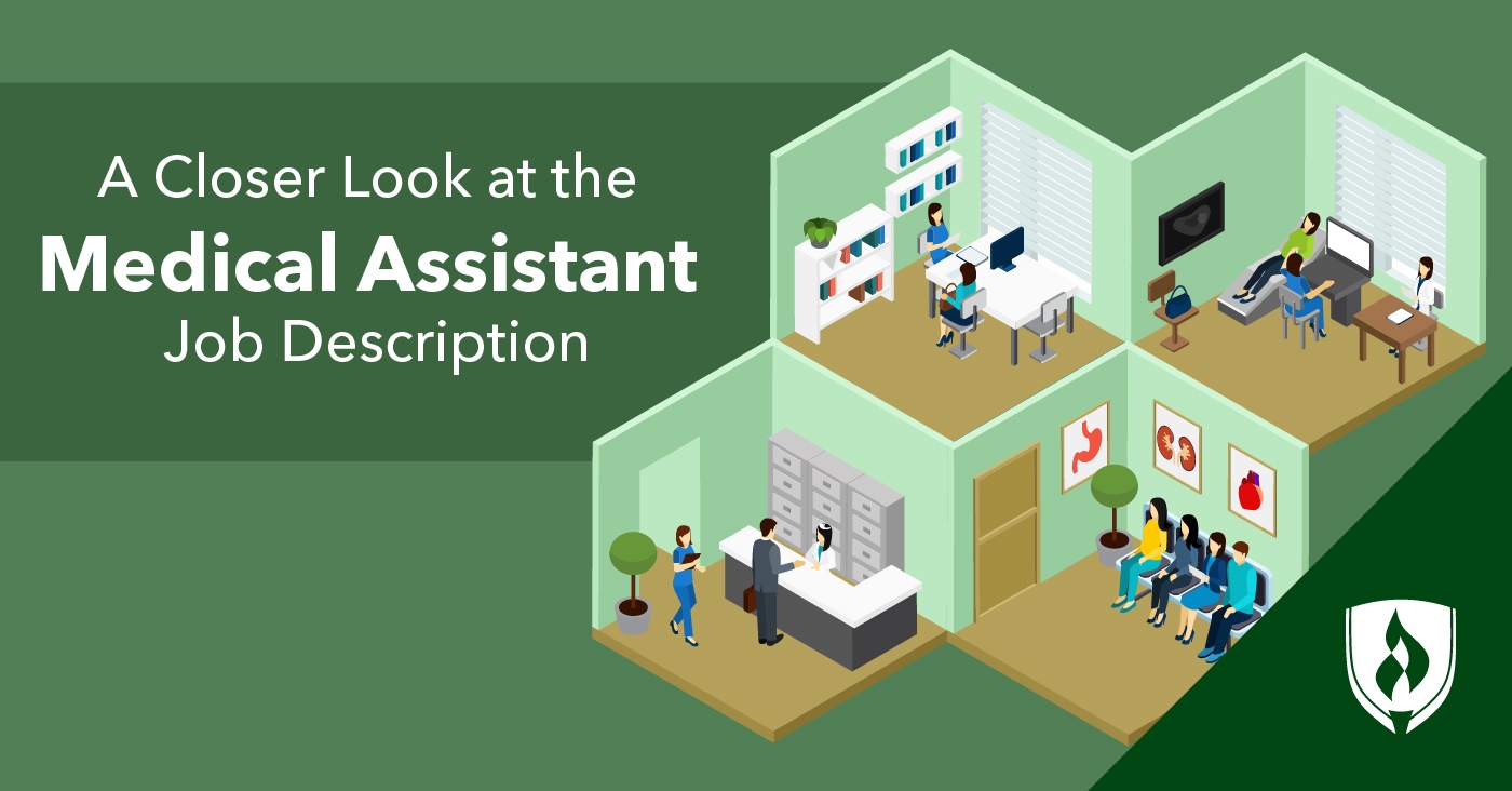 illustration of a medical office isometric view showing a medical assistant job description