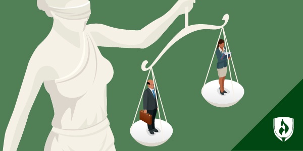 illustration of lady justice holding a scale with a paralegal and lawyer