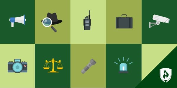 Blue checkerboard image with several tools and icons related to criminal justice jobs