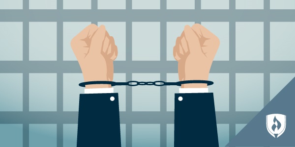 illustration of man's arms wearing a suit in handcuffs in a jail cell