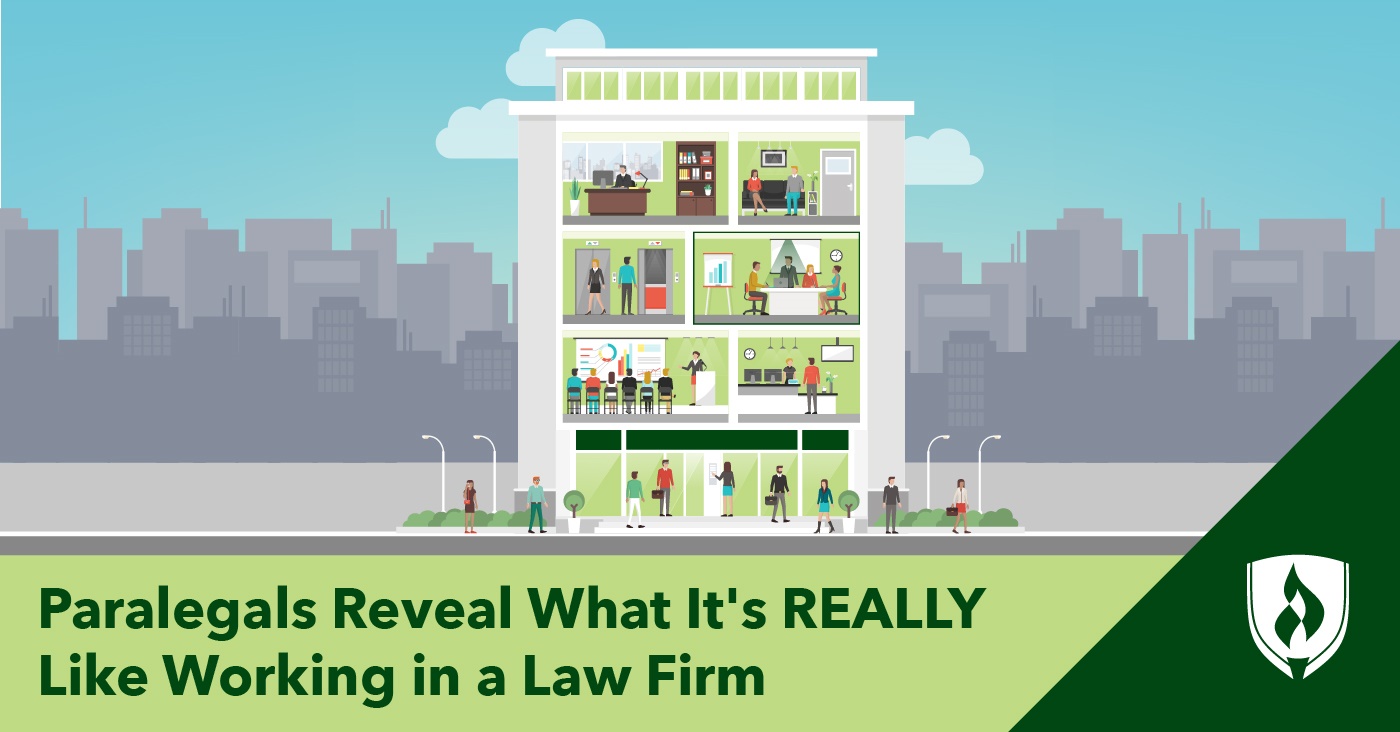 isometric illustration of a law firm with various paralegals and lawyers working in different rooms
