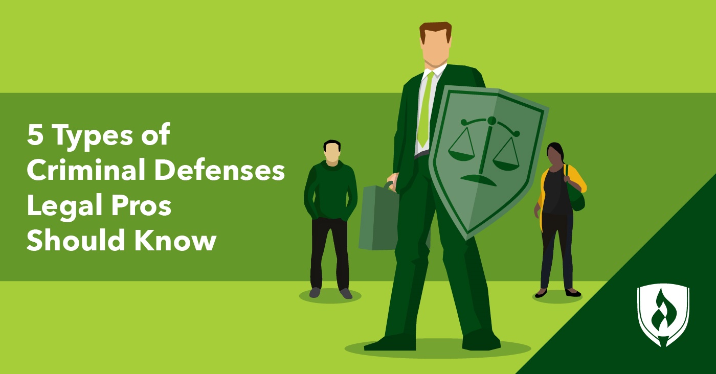 illustration of an attorney with a shield with a criminal justice icon on it representing types of criminal defenses
