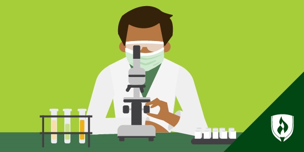 illustration of a clinical lab tech at a microscope