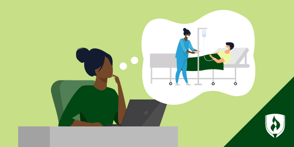 illustration of a woman sitting at a desk imaging herself working as a nurse representing would I be a good nurse