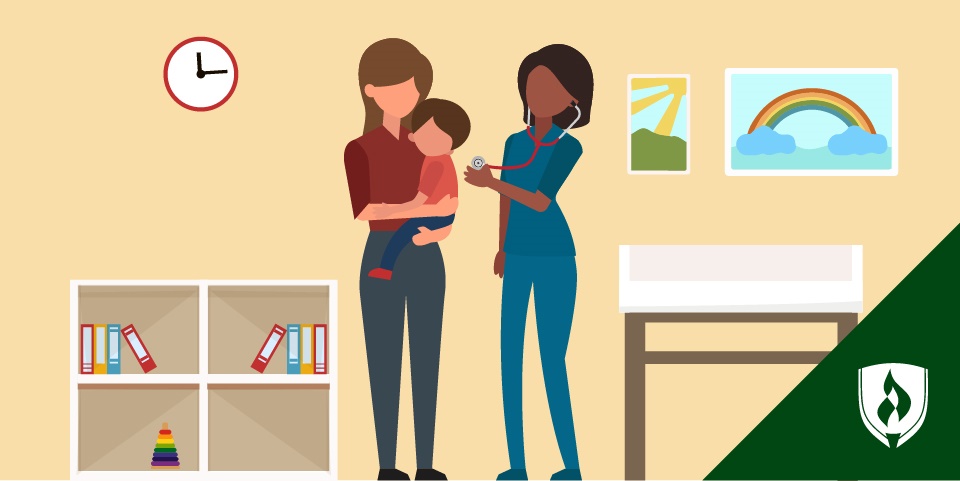 illustration of a pediatric nurse working with a child and parent