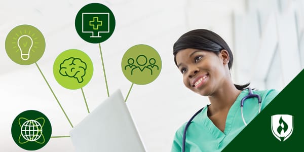 female nurse next to healthcare symbols