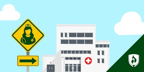 illustration of a street sign with the image of a nurse on it pointing to a hospital representing becoming a nurse