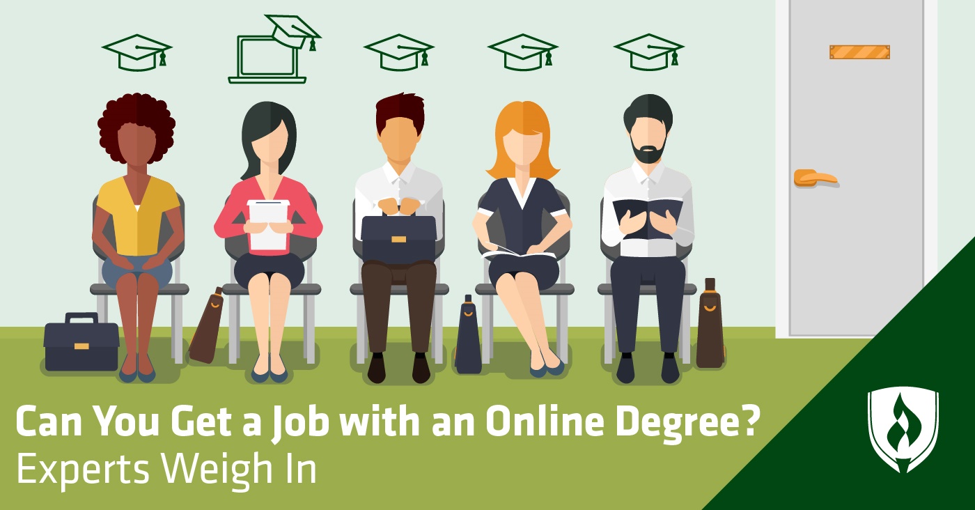 A line of job candidate outside an office with degree icons above their heads including an online degree