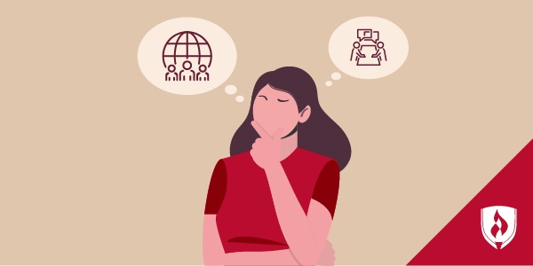 illustration of woman thinking with two human resources icons above her head