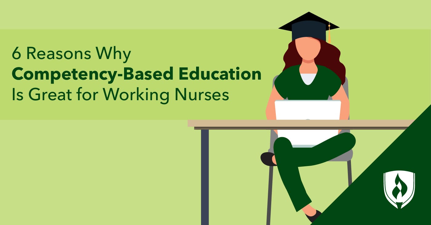 Illustration of nurse in scrubs wearing graduation cap and working on a laptop.