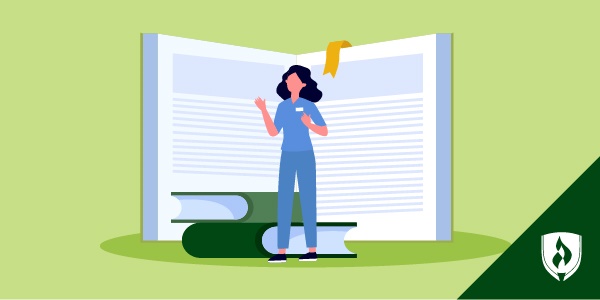 Illustration of a nurse standing in front of a large textbook of nursing terms