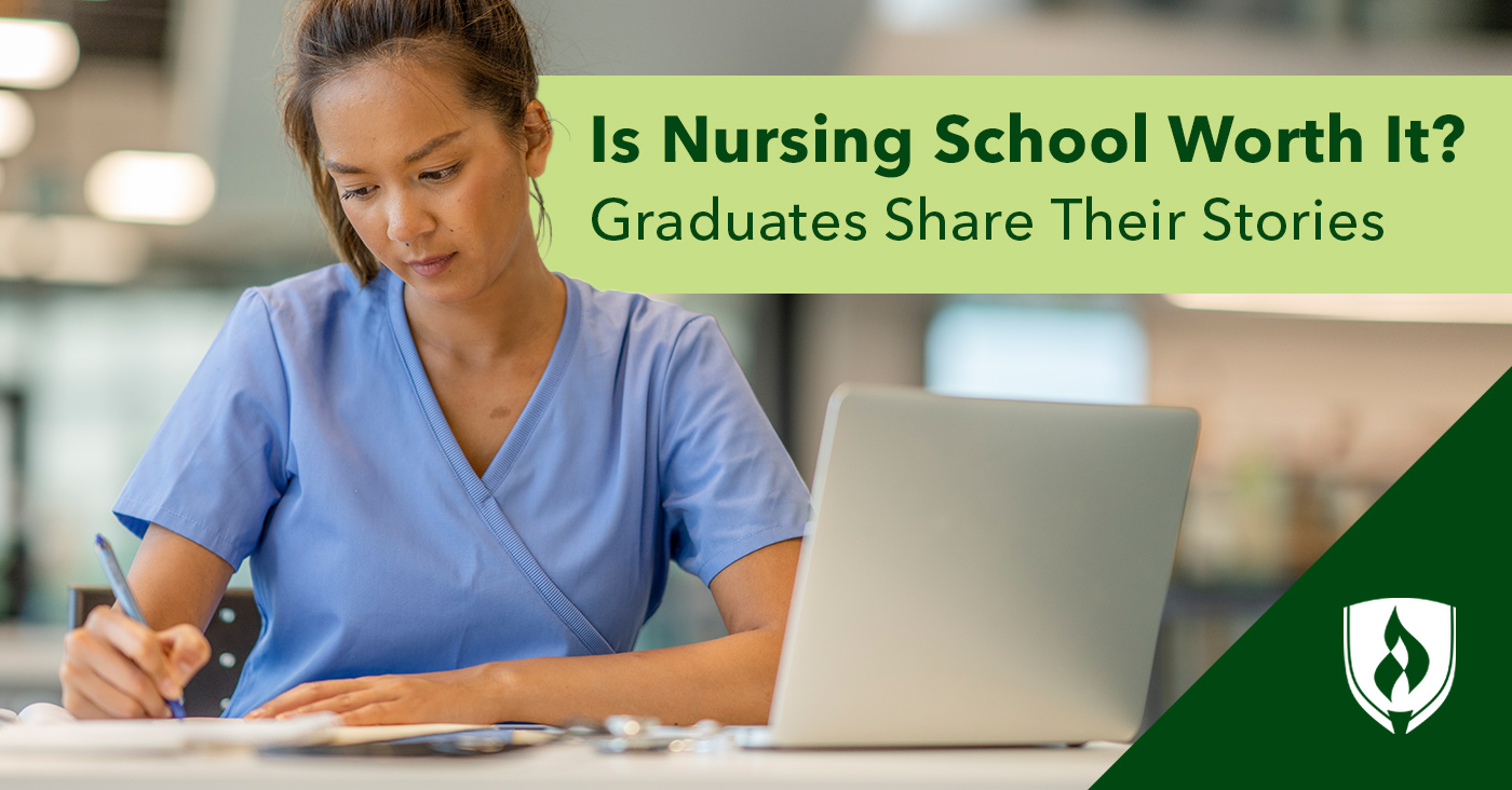 photo of a nursing student doing homework in their scrubs representing is nursing school worth it