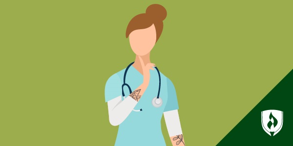 illustration of a nurse with tatoos on her arms with her finger on her chin like she's thinking can nurses have too