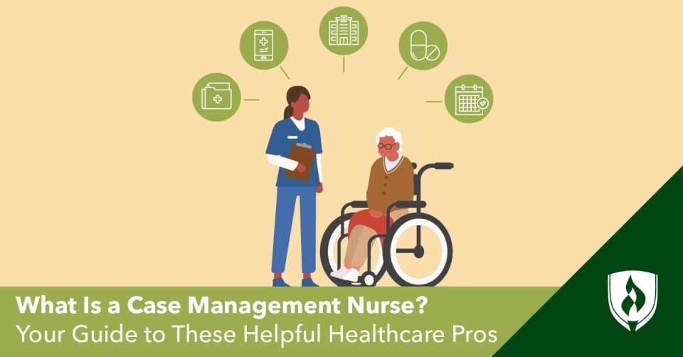 illustration of a nurse and patient in a wheelchair with icons representing nurse care manager duties