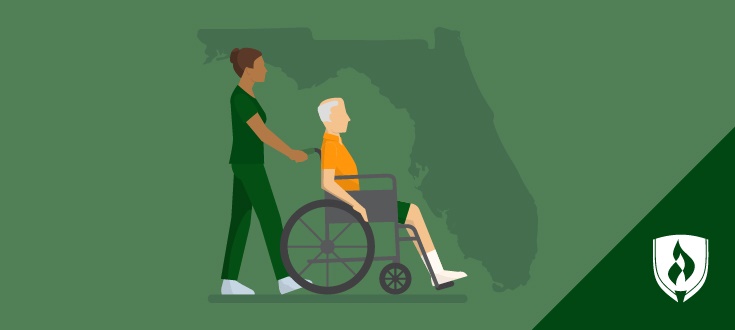 illustraiton of a nurse pushing a patient in a wheelchair with the shape of florida state in the background