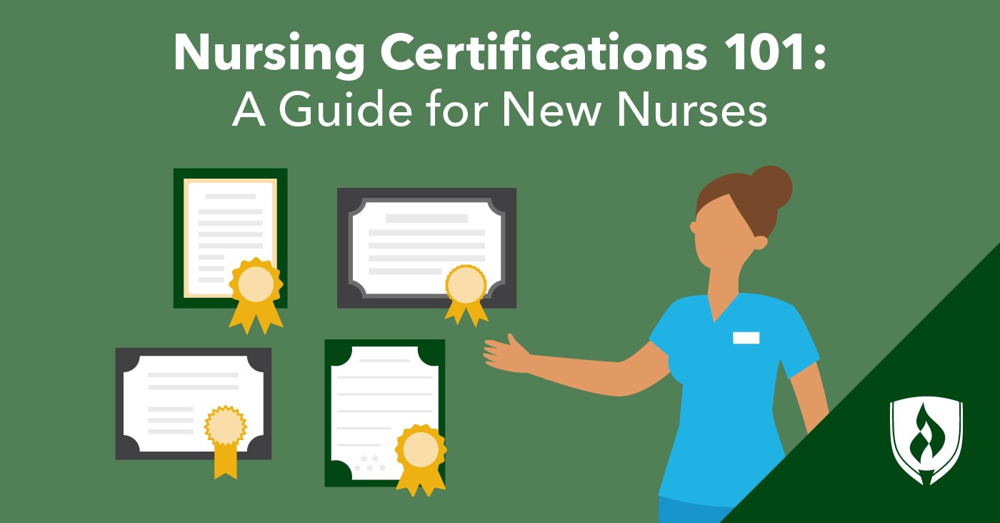 illustration of a nurse in scrubs standing in front a wall with diplomas on it representing nursing certifications