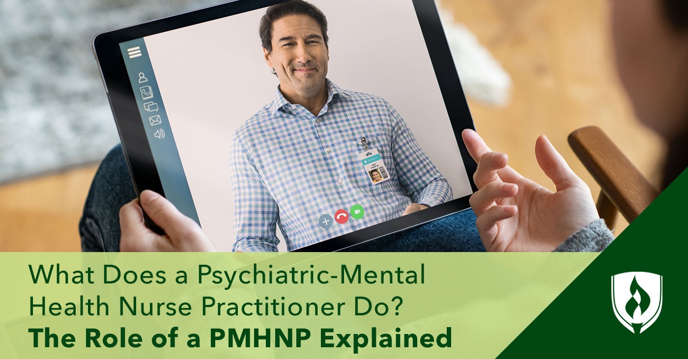 photo of a pmhnp on a tablet talking with a patient representing what does a pmhnp do