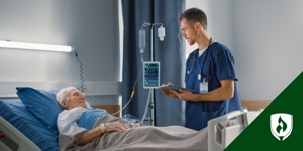photo of a subacute nurse caring for a patient in bed with an iv drip