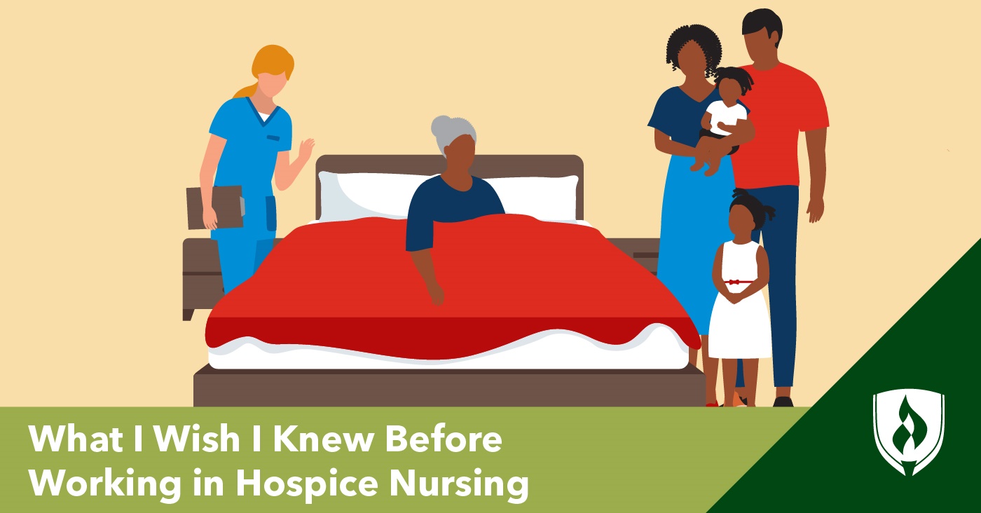 illustration of a family at a hospice patient's bedside representing hospice nursing