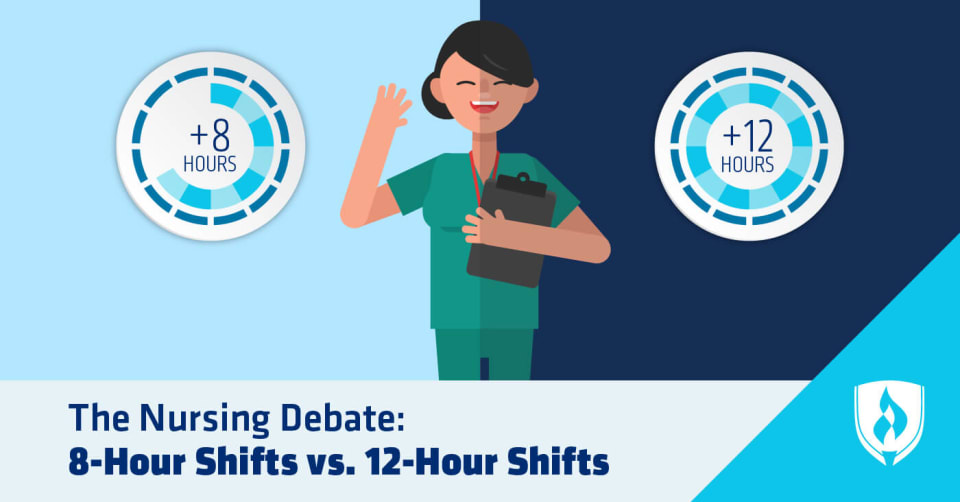 illustration of a nurse standing between an 8 hour shift sign and a 12 hour shift sign