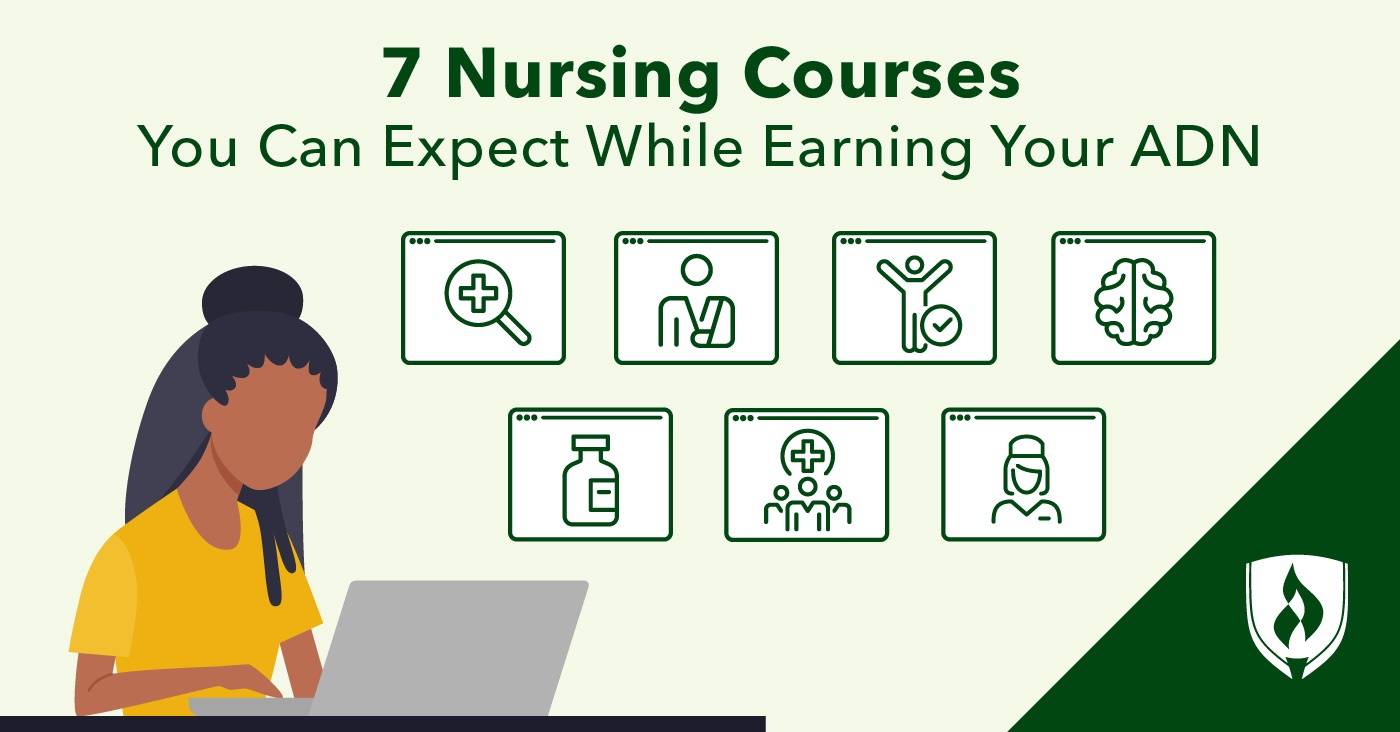 illustration of nursing student will icons representing different nursing courses