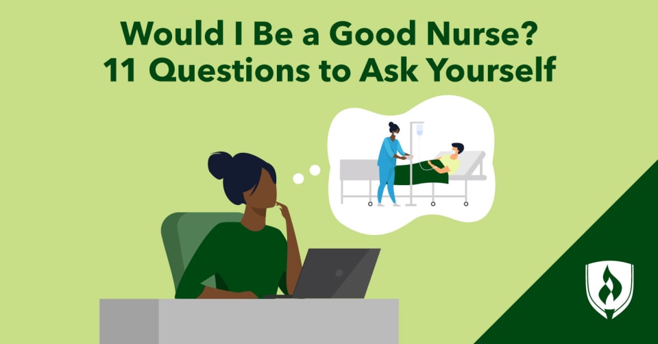 illustration of a woman sitting at a desk imaging herself working as a nurse representing would I be a good nurse