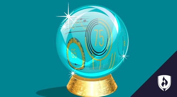 illustrated crystal ball with charts, graphs and data inside