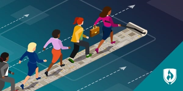illustration of women in business casual walking on a trail that looks like a motherboard