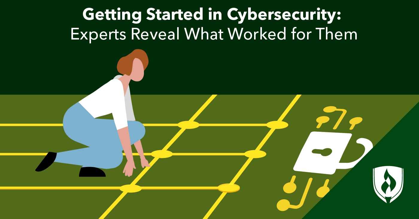 illustration of a cyber security student at the starting line getting started in cyber security