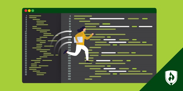 illustration of a women running on a laptop with code on the screen representing "getting into software development"