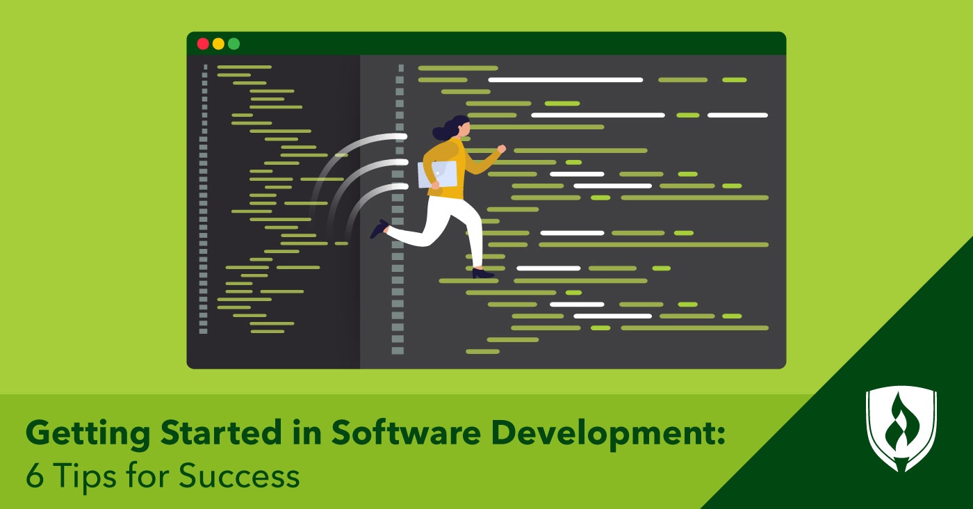 illustration of a women running on a laptop with code on the screen representing 'getting into software development'