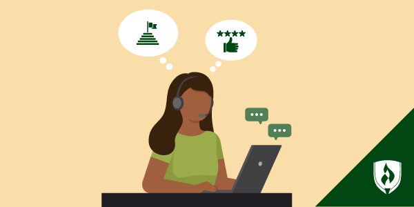 illustration of a help desk worker with information technology advancement icons above