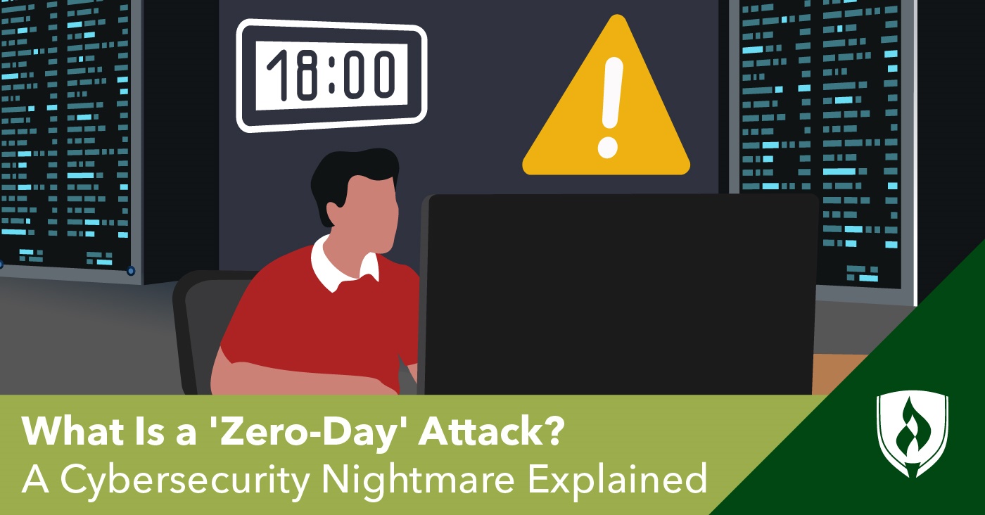 illustration of a cyber security professional working to fix a zero day attack 