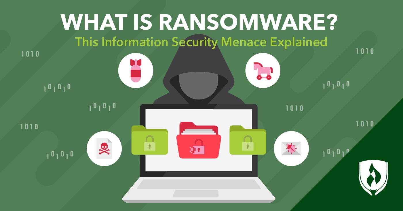 illustration of a ransomware hacker in a dark hoodie with a laptop with icons representing what is ransomware