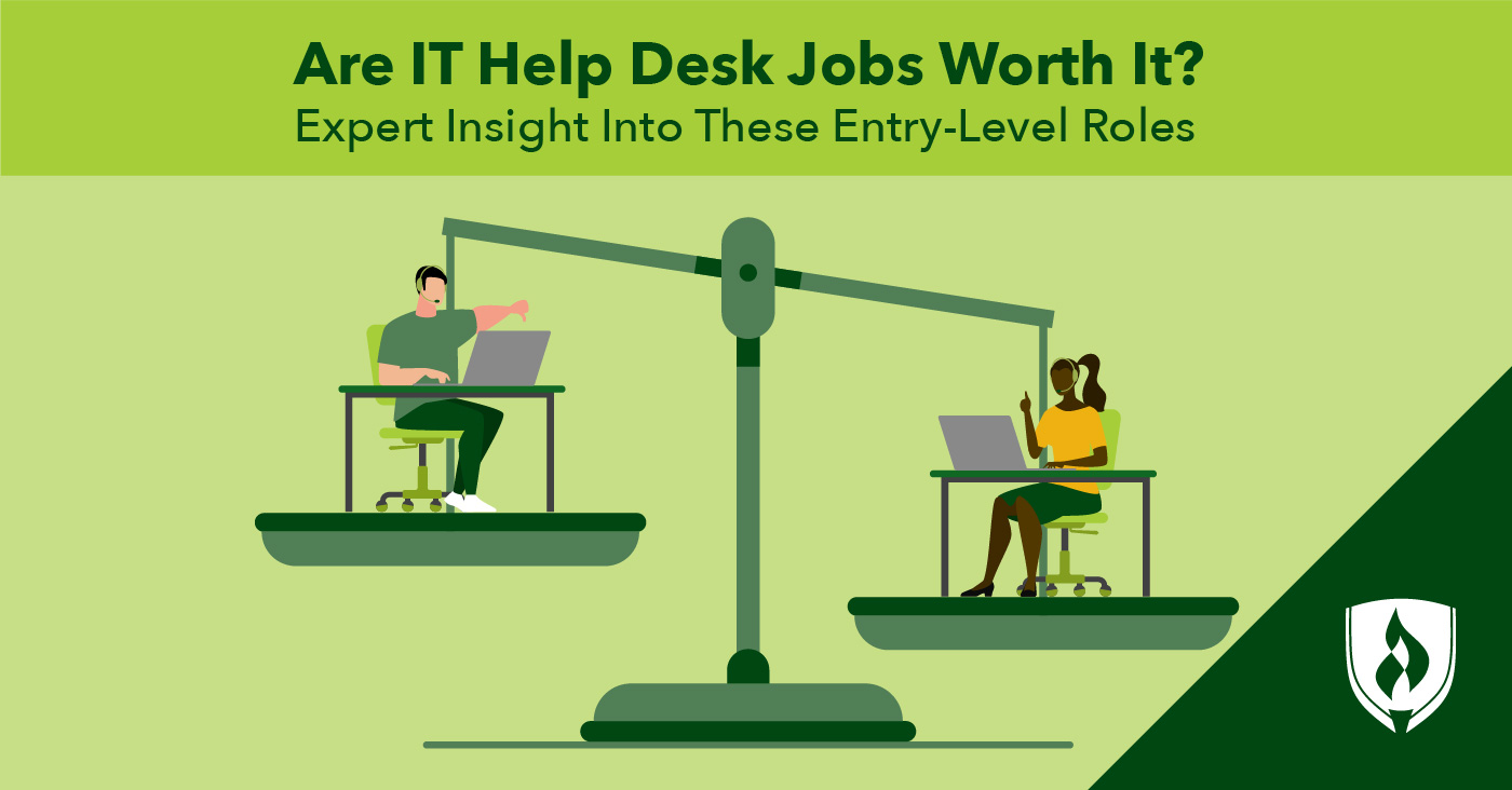 illustration of a scale with people working at it help desks on each side representing are it help desk jobs worth it 