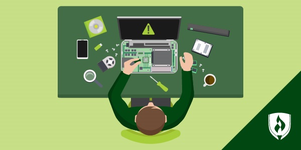 illustration of a desktop technician working on a laptop tools and a cup of coffee