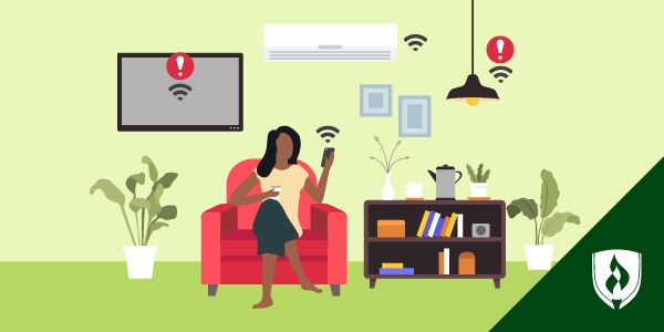 illustration of a woman sitting at home with the wifi signal above different objects representing internet of things