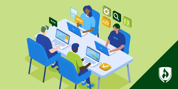 illustration of team members on a software development team sitting at a table