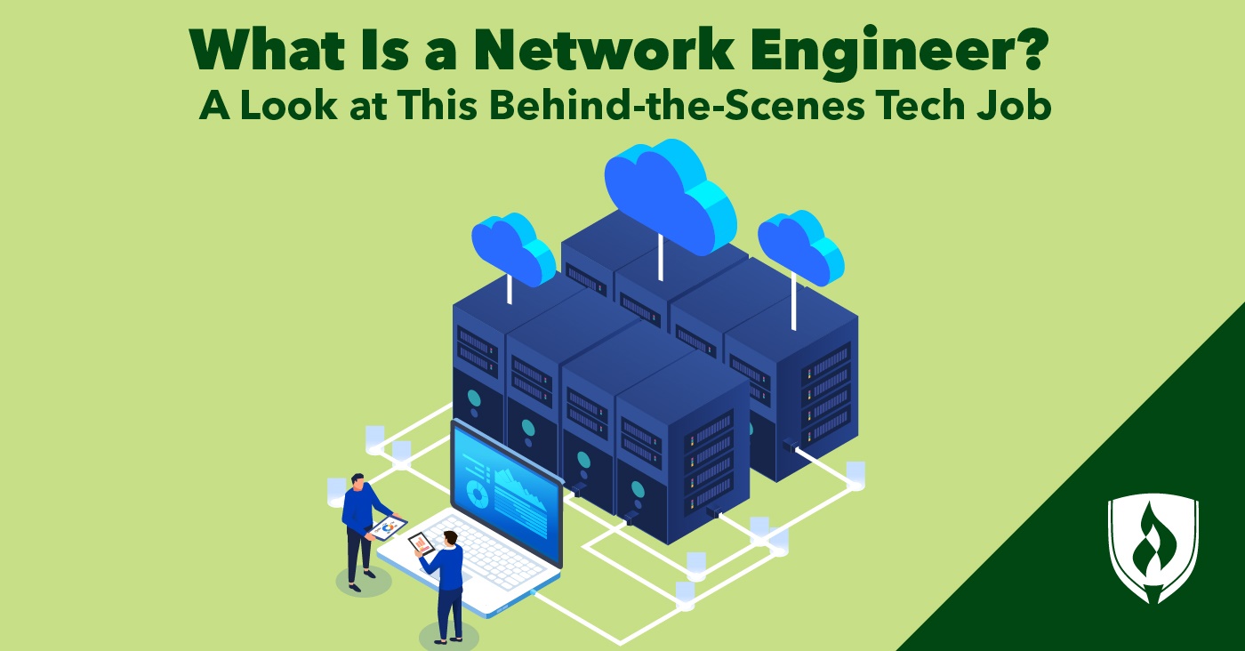 illustration of clouds coming out of network towers and network engeineers working on them representing what is a network engineer