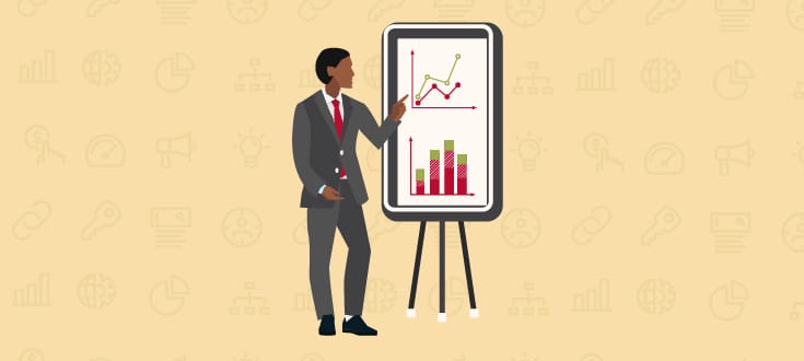 Illustration of a man standing and pointing at a chart.