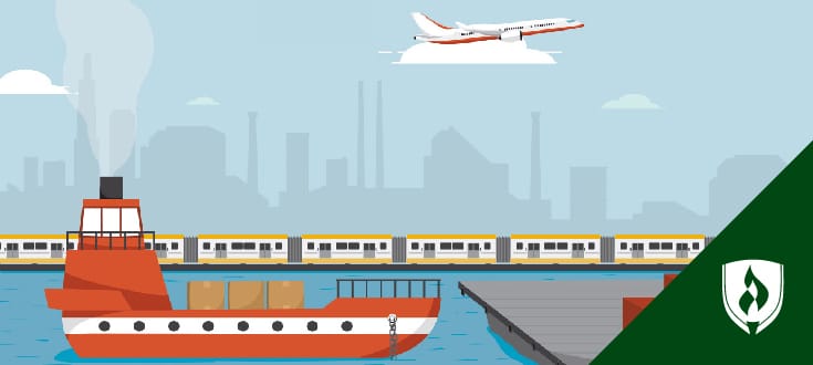 Illustration of freight planes, trains and ships in a port area.