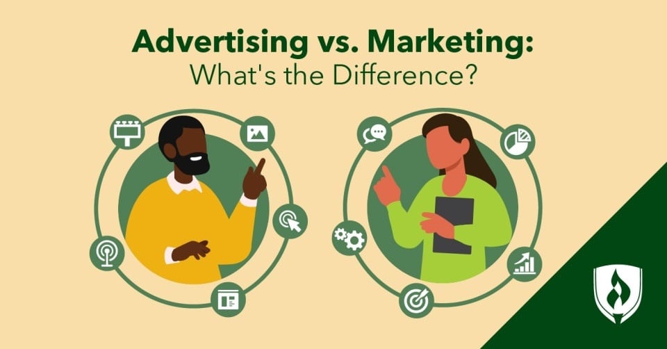 illustration two professionals with icons representing advertising  and marketing representing advertising vs marketing